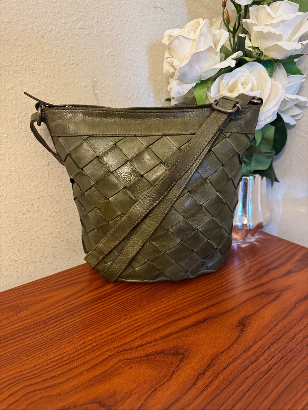 Vilenca Holland olive Genuine Leather Woven Bucket Crossbody Shoulder Bag Purse
